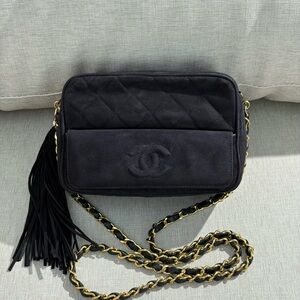 CHANEL Black Suede Quilted Camera Bag with Tassel GHW
